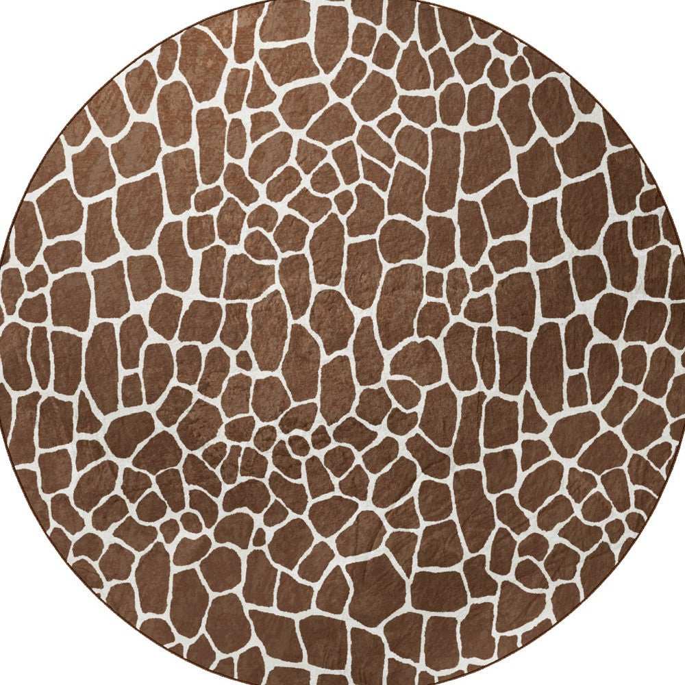 8' Brown and Ivory Round Animal Print Handmade Non Skid Area Rug - Homeroots - Flyclothing LLC