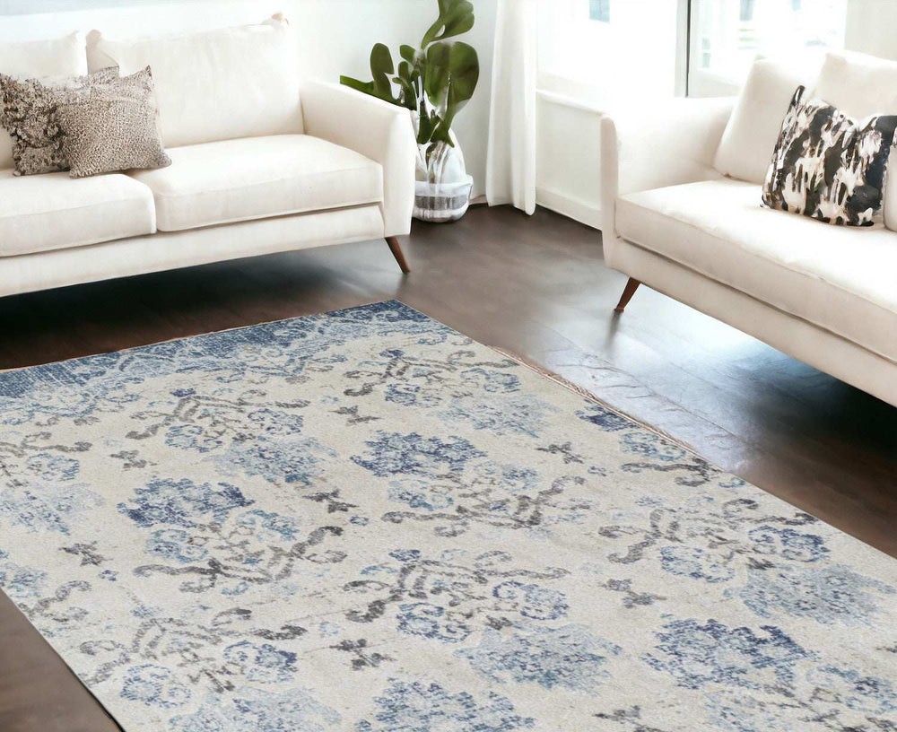 8' X 11' Blue and Ivory Oriental Area Rug - Homeroots - Flyclothing LLC