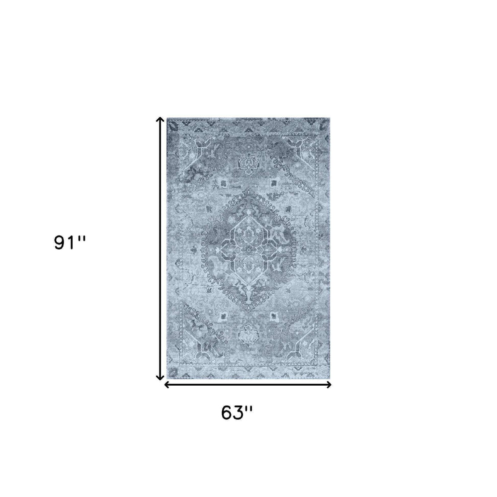 5' X 8' Blue and Ivory Oriental Distressed Area Rug - Homeroots - Flyclothing LLC