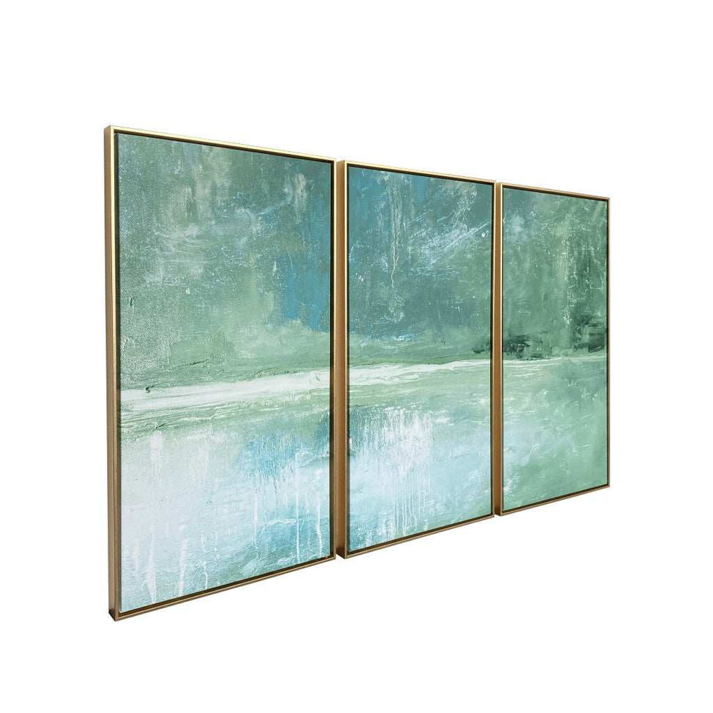 Set Of Three Blue Green Abstract Water with Gold Floater Frame Painting Wall Art - Homeroots - Flyclothing LLC