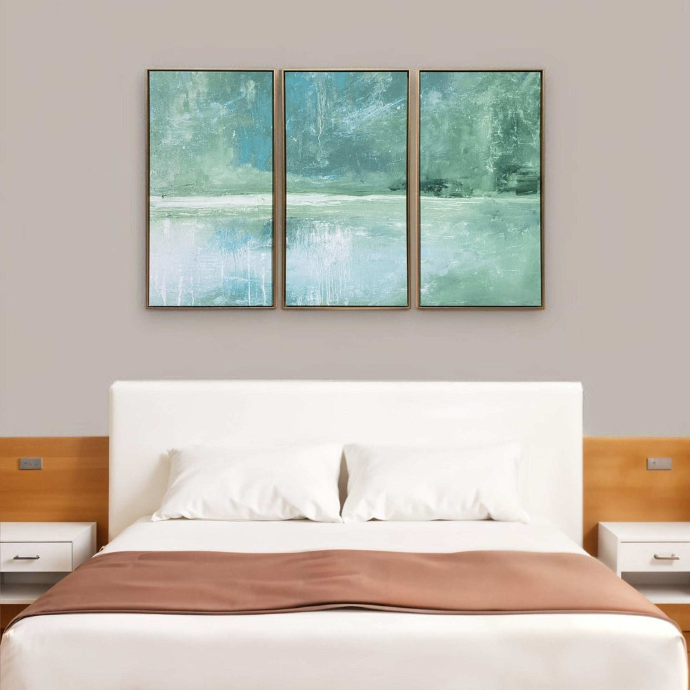 Set Of Three Blue Green Abstract Water with Gold Floater Frame Painting Wall Art - Homeroots - Flyclothing LLC
