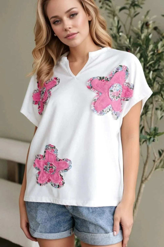 Floral Applique Notched Dolman Sleeve Top - Trendsi - Flyclothing LLC