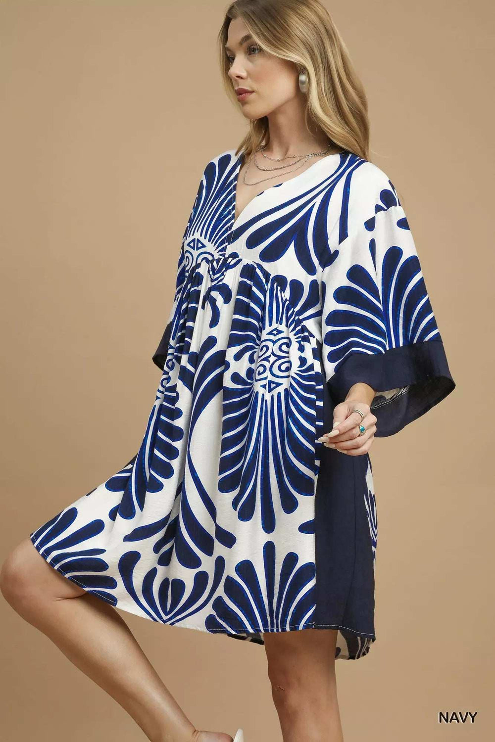 Umgee Abstract Print Kimono Sleeve Mini Dress - Trendsi - Flyclothing LLC