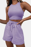 Round Neck Top and Drawstring Shorts Set - Trendsi - Flyclothing LLC