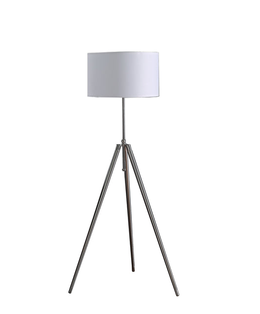 64" Silver Adjustable Tripod Floor Lamp With White Fabric Shade