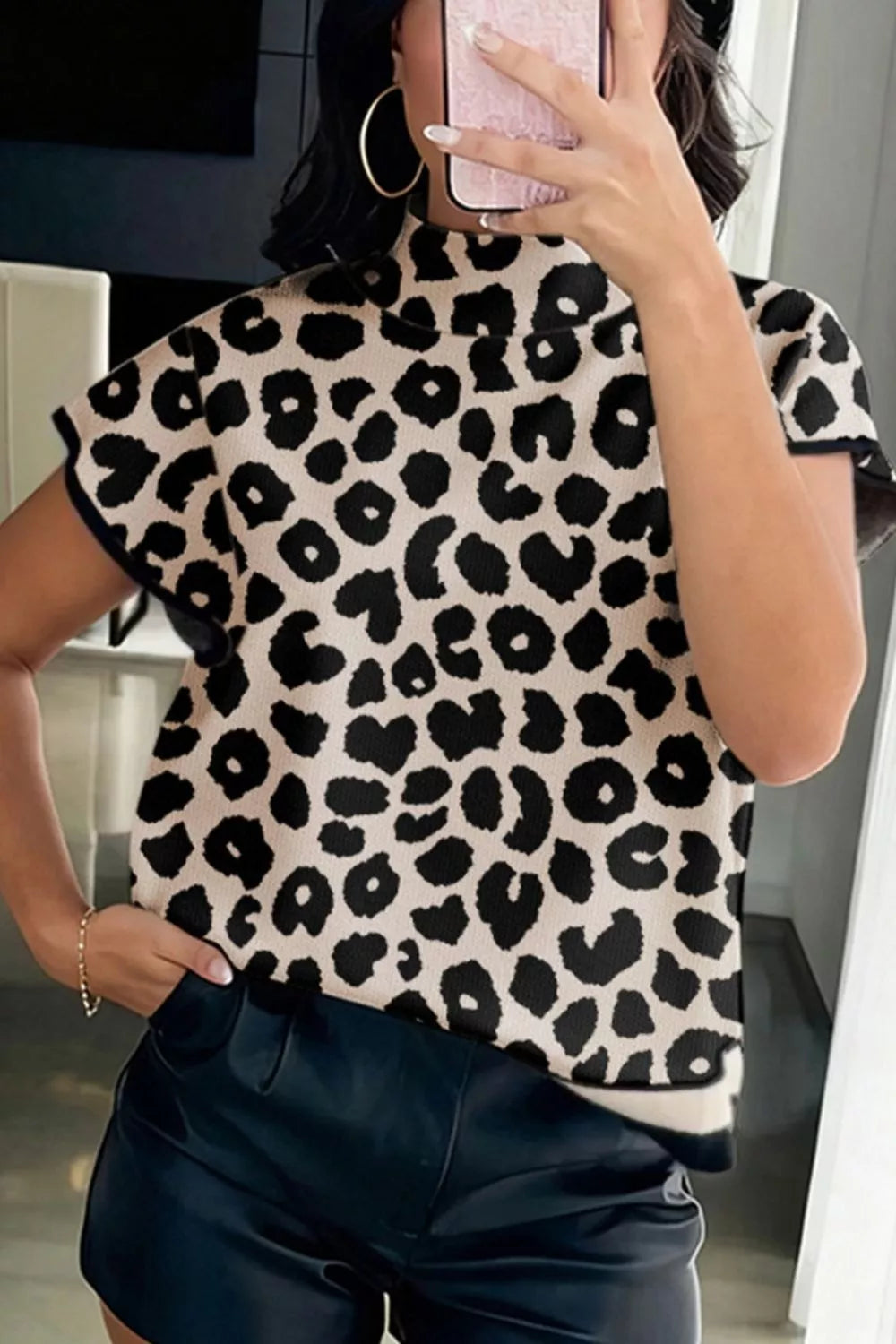 Leopard Cap Sleeve Sweater - Trendsi - Flyclothing LLC