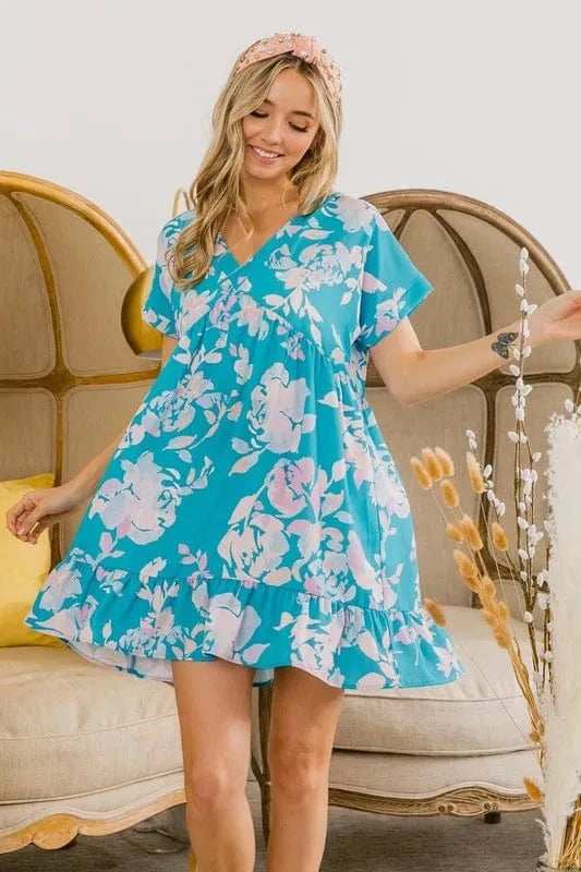 BiBi Floral Crinkle Shirred Ruffle Detail V Neck Dress - Trendsi - Flyclothing LLC