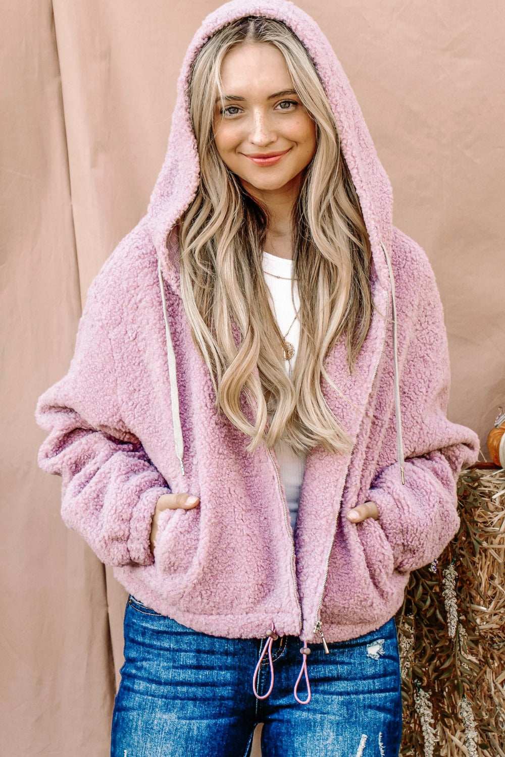 And The Why Sherpa Drawstring Cropped Hooded Jacket - Trendsi - Flyclothing LLC