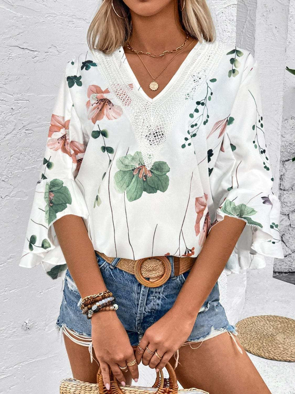 Ruffled Printed V-Neck Half Sleeve Blouse - Trendsi - Flyclothing LLC