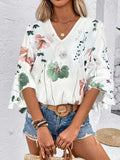 Ruffled Printed V-Neck Half Sleeve Blouse - Trendsi - Flyclothing LLC