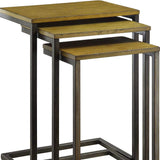 Set of Three Brown and Black Distressed Solid Wood and Steel Frame Nested Tables