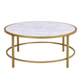 36" White And Gold Faux Marble And Metal Round Coffee Table