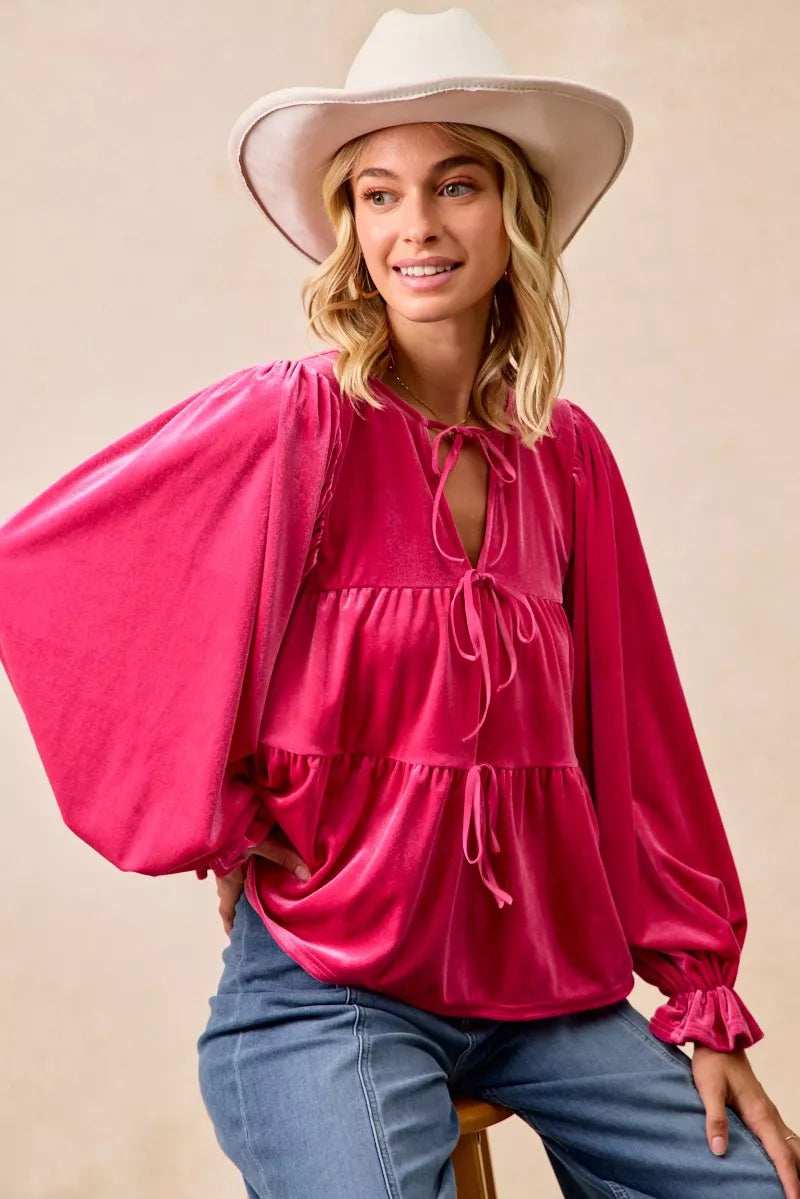 BiBi Christmas Theme Velvet Bow Tied Blouse - Trendsi - Flyclothing LLC