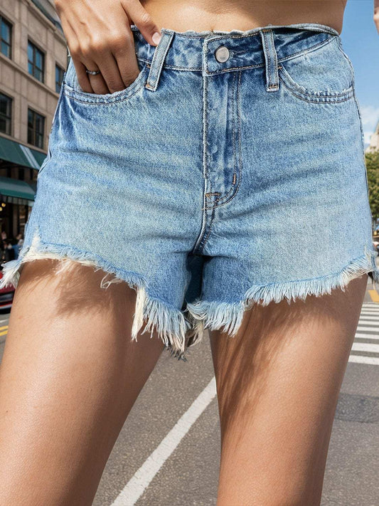 Raw Hem Denim Shorts with Pockets - Trendsi - Flyclothing LLC