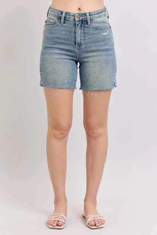 Judy Blue Full Size High Waist Vintage Wash Side Slit Denim Shorts Plus Size - Trendsi - Flyclothing LLC