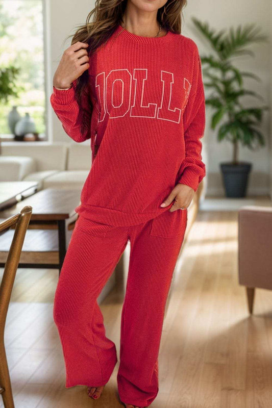 JOLLY Round Neck Long Sleeve Top and Pants Lounge Set - Trendsi - Flyclothing LLC