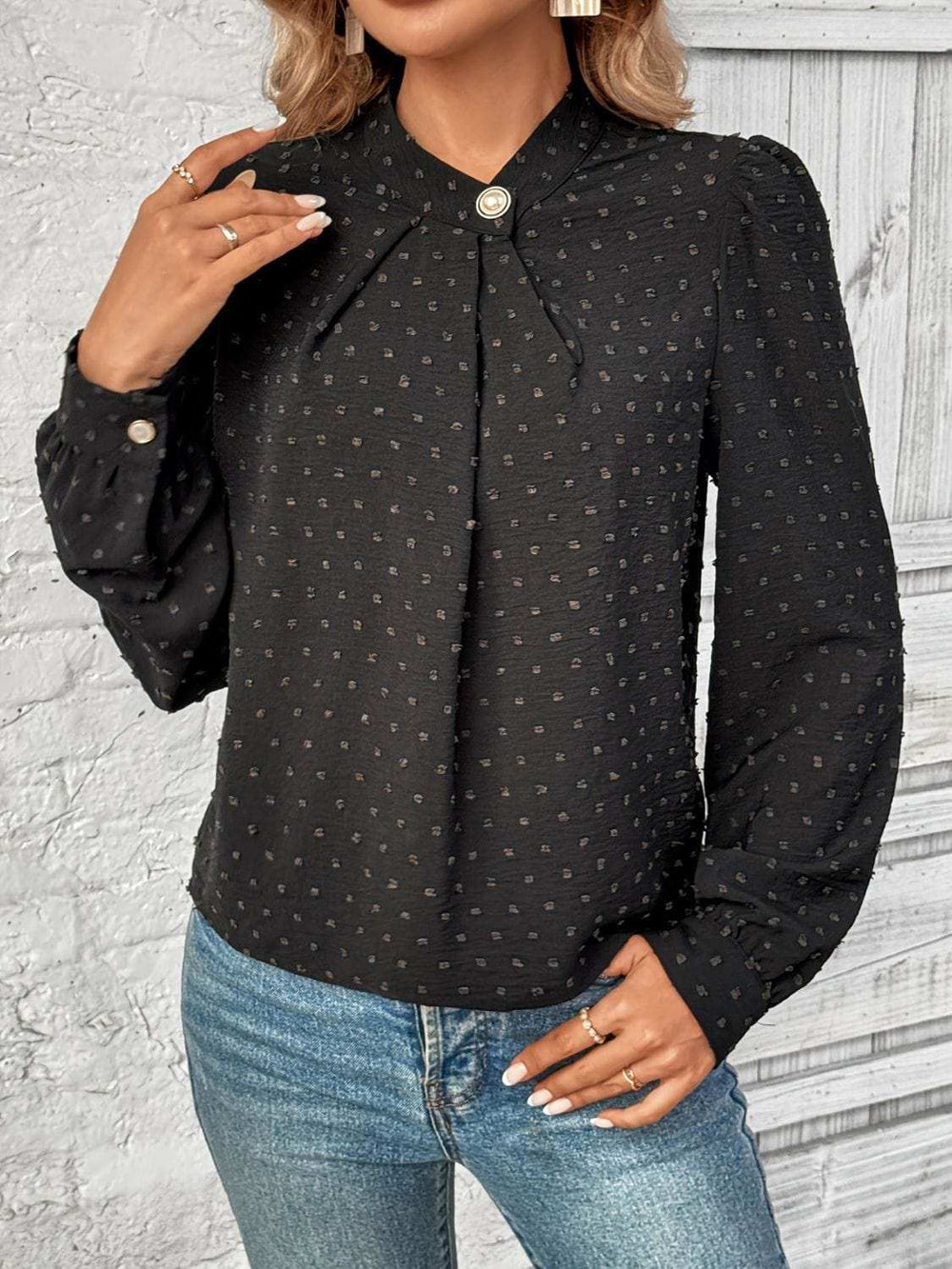 Swiss Dot Mock Neck Long Sleeve Blouse - Trendsi - Flyclothing LLC