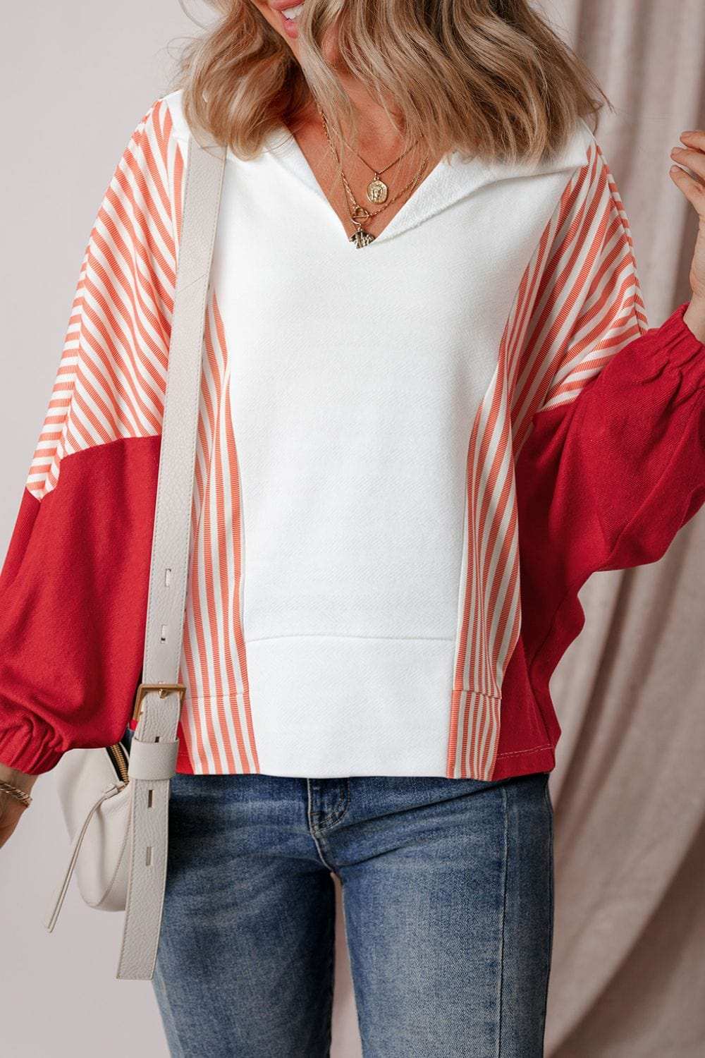 Striped Johnny Collar Long Sleeve Sweatshirt - Trendsi - Flyclothing LLC