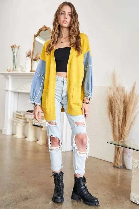ADORA Full Size Frayed Denim Sleeve Sweater Cardigan Plus Size - Trendsi - Flyclothing LLC