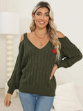 Cable-Knit Heart V-Neck Sweater - Trendsi - Flyclothing LLC