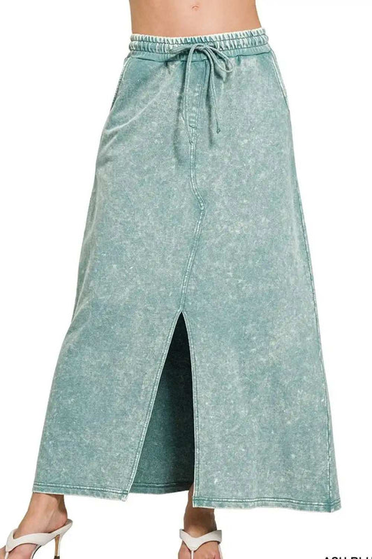 Zenana French Terry Acid Washed Front Slit Long Skirts - Trendsi - Flyclothing LLC