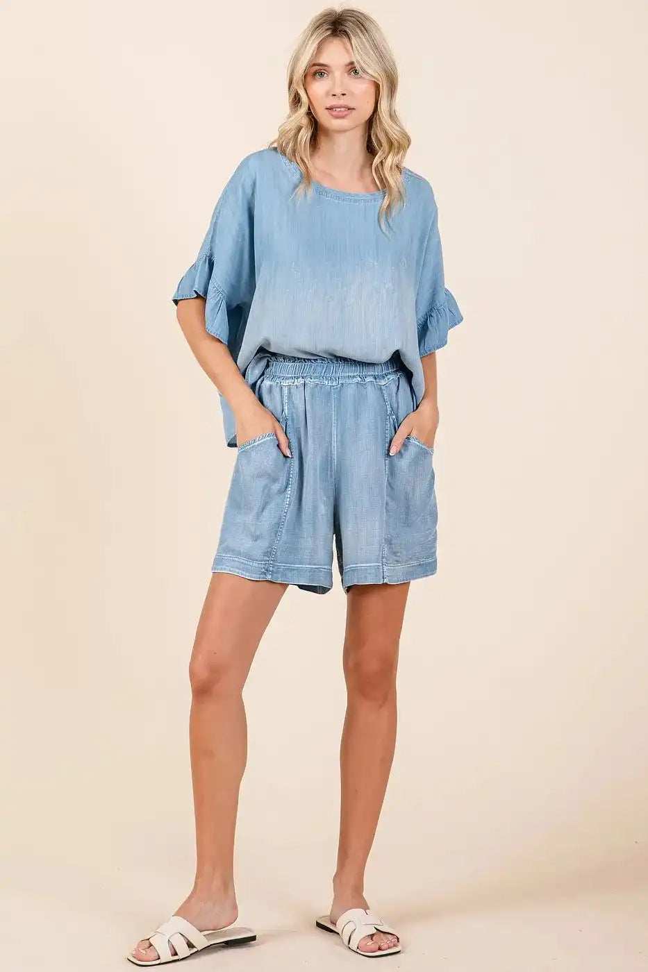 Mittoshop Washed Chambray Elastic Waist Easy Fit Shorts - Trendsi - Flyclothing LLC