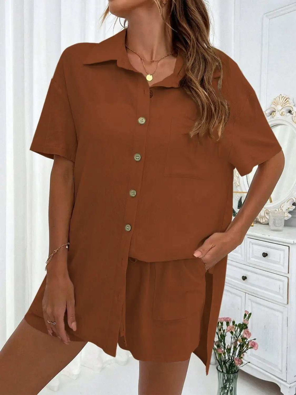 Button Up Half Sleeve Top and Shorts Set - Trendsi - Flyclothing LLC