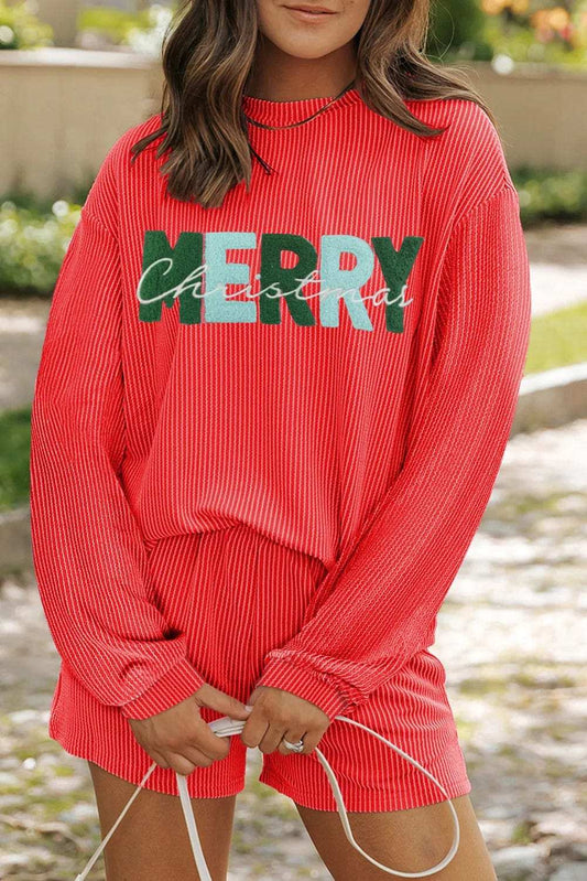 MERRY CHRISTMAS Round Neck Long Sleeve Top and Shorts Set - Trendsi - Flyclothing LLC