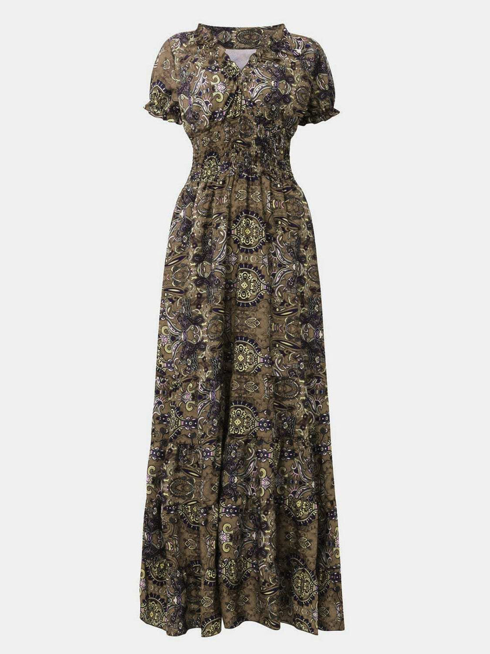 Full Size Smocked Printed V-Neck Short Sleeve Dress - Trendsi - Flyclothing LLC