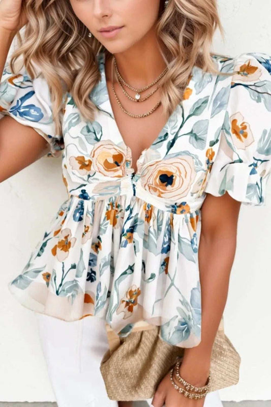 Floral Print Puff Sleeve V Neck Babydoll Blouse - Trendsi - Flyclothing LLC