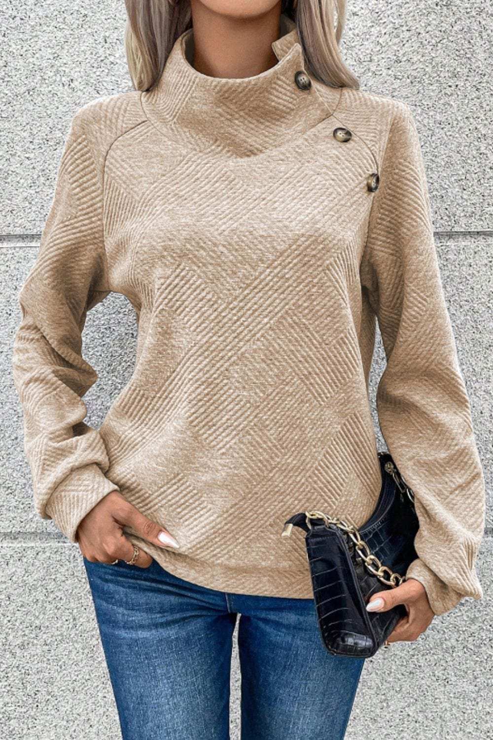 Textured Turtleneck Long Sleeve Sweatshirt - Trendsi - Flyclothing LLC