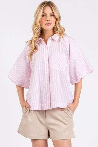 Mittoshop Button Down Striped Puff Sleeve Shirt - Trendsi - Flyclothing LLC