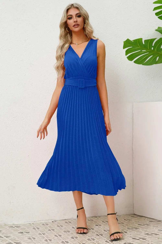 Surplice Sleeveless Midi Pleated Dress - Trendsi - Flyclothing LLC