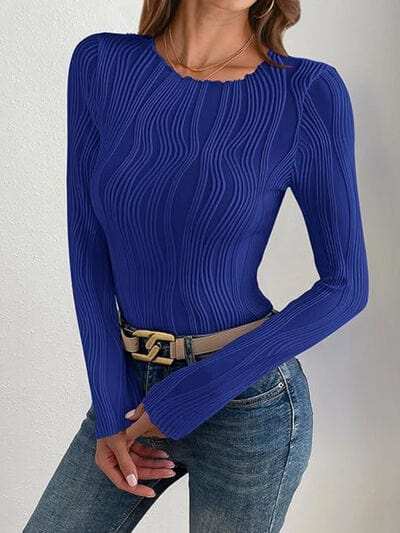 Textured Round Neck Long Sleeve Top - Trendsi - Flyclothing LLC