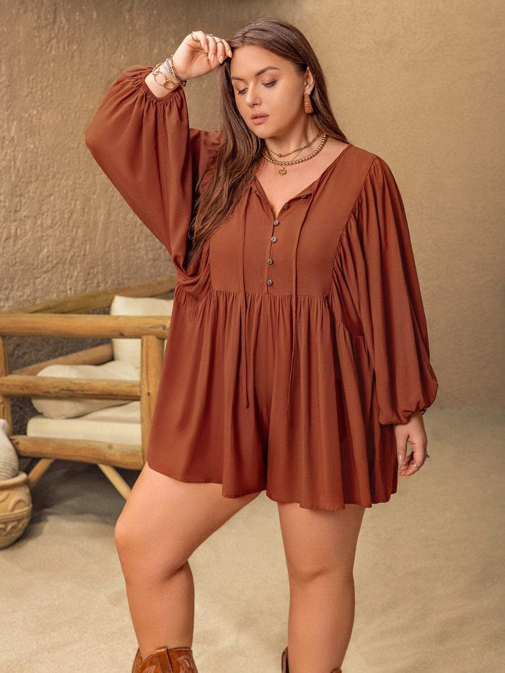 Plus Size Ruched Tie Neck Balloon Sleeve Romper - Trendsi - Flyclothing LLC