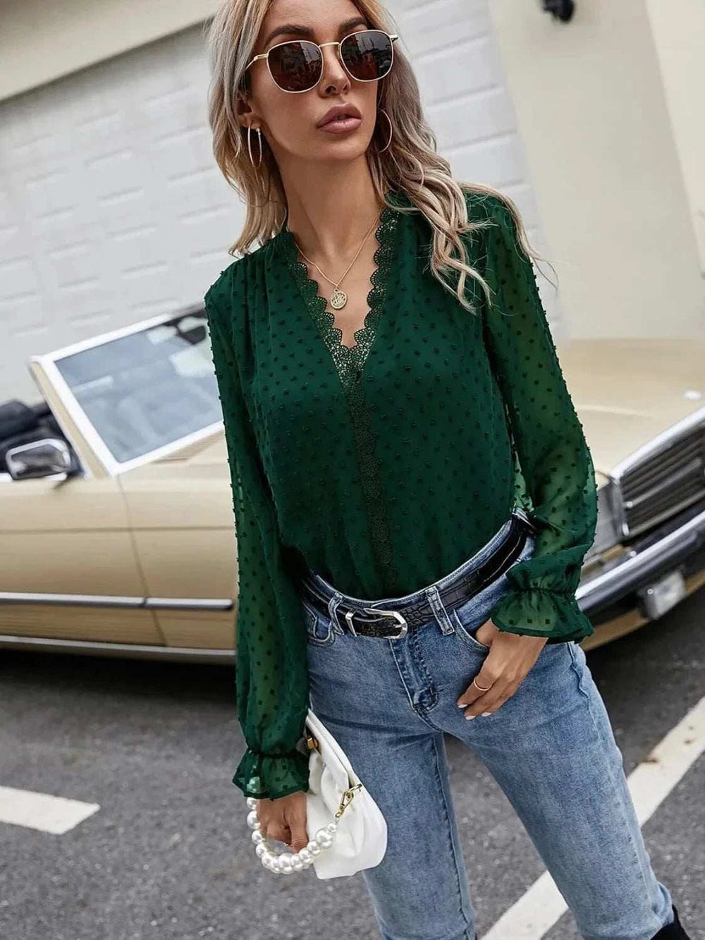 Lace Detail V-Neck Swiss Dot Blouse - Trendsi - Flyclothing LLC