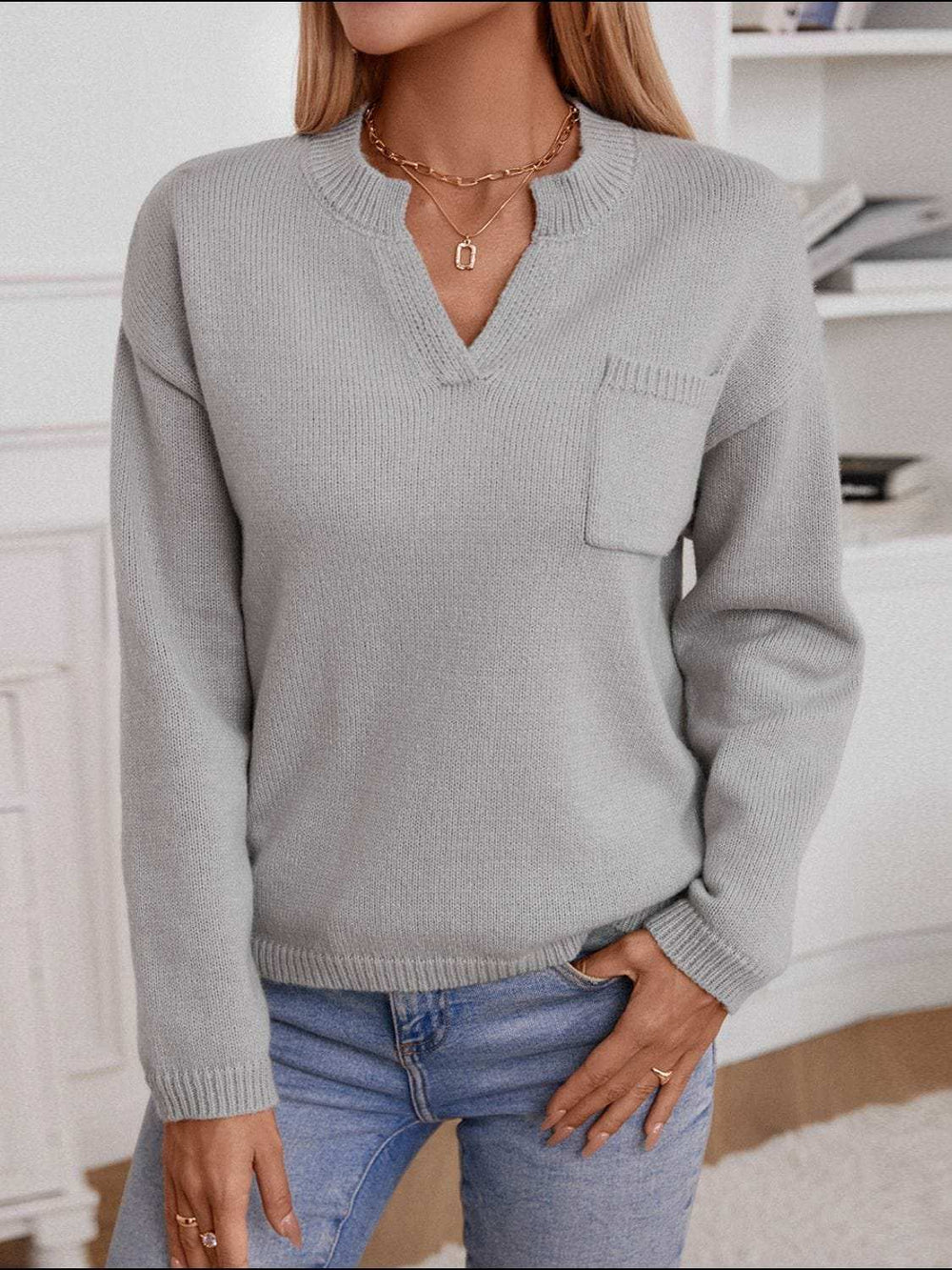 Pocketed Notched Long Sleeve Knit Top - Trendsi - Flyclothing LLC