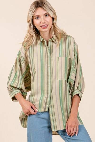 Mittoshop Striped Bubble Sleeve Button Down Shirt - Trendsi - Flyclothing LLC