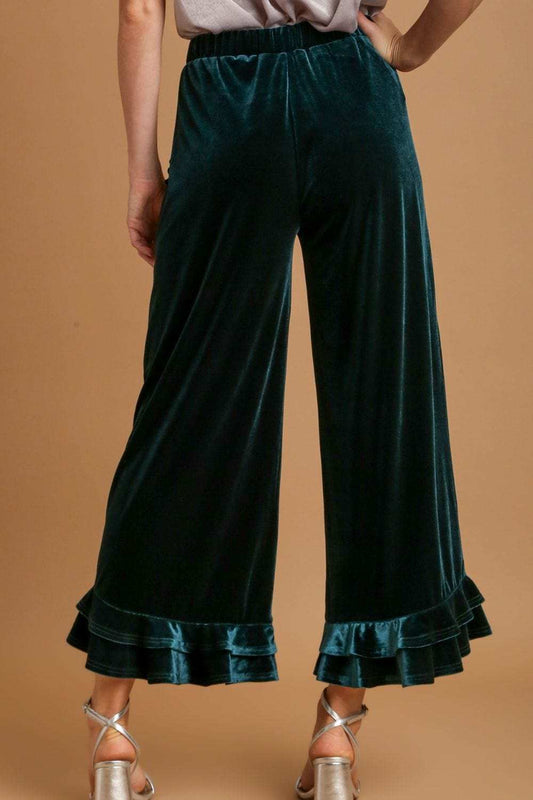Umgee Full Size Wide Fit Ruffle Velvet Pants with Embroidered Pockets Plus Size - Trendsi - Flyclothing LLC