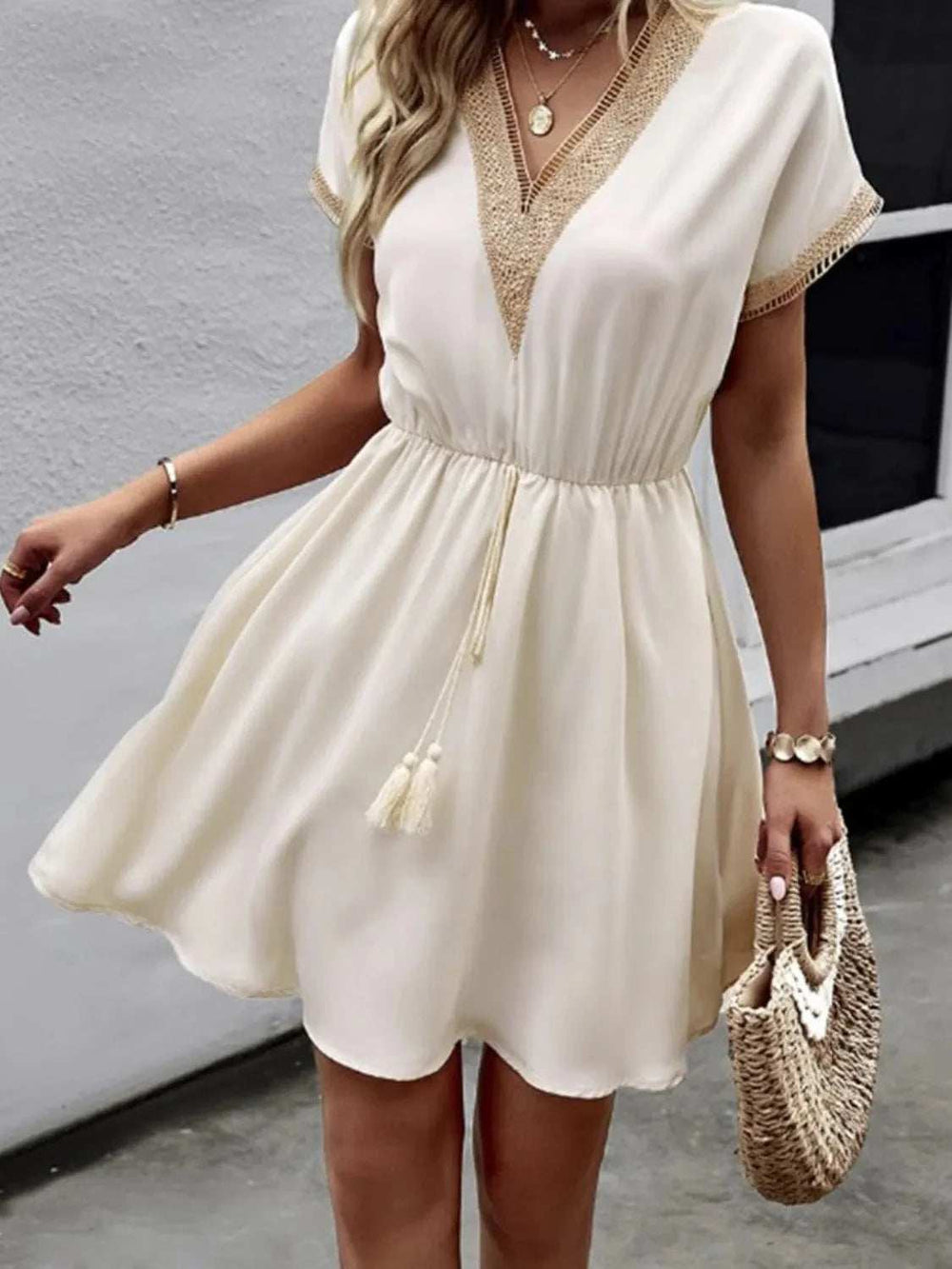 Full Size Tassel V-Neck Short Sleeve Dress Plus Size - Trendsi - Flyclothing LLC