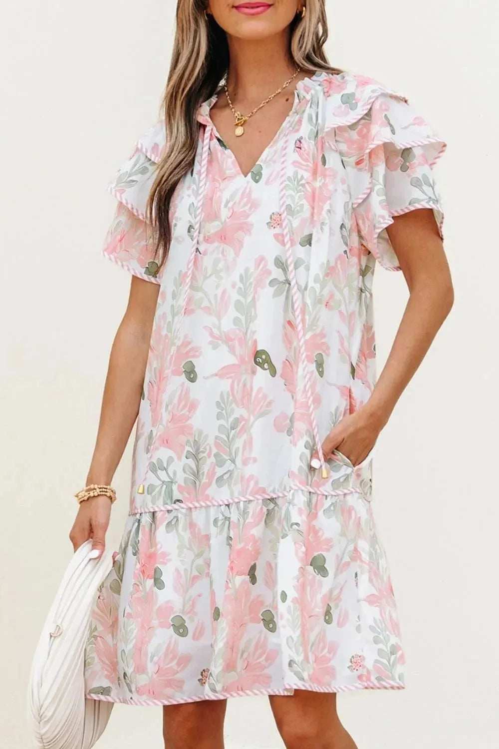 Floral Contrast Edge Layered Short Sleeve Mini Dress - Trendsi - Flyclothing LLC