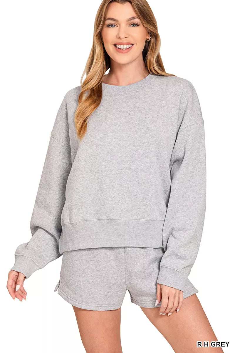Zenana Fleece Round Neck Sweatshirt and Shorts Set - Trendsi - Flyclothing LLC