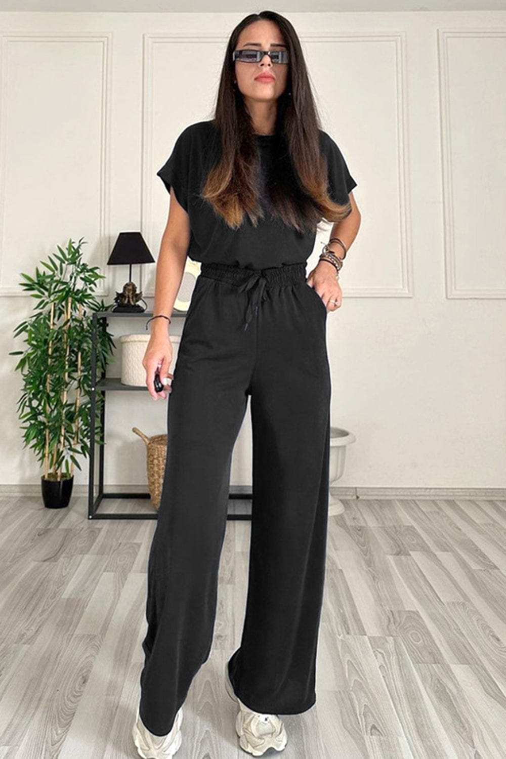Round Neck Short Sleeve Top and Drawstring Pants Set - Trendsi - Flyclothing LLC