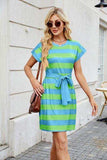 Tied Contrast Striped Short Sleeve Mini Tee Dress - Trendsi - Flyclothing LLC