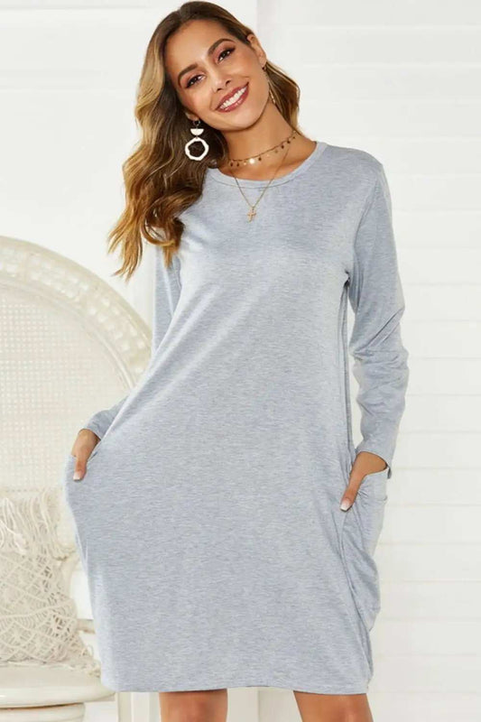 Pocketed Round Neck Long Sleeve Dress - Trendsi - Flyclothing LLC