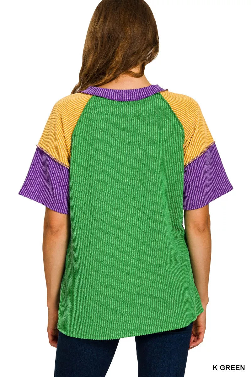 Zenana Mardi Gras Raised Rib Color Block Top - Trendsi - Flyclothing LLC