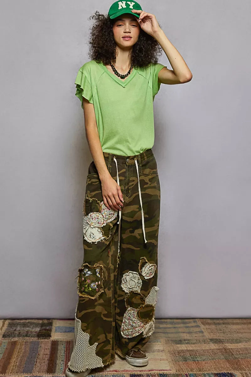 POL V-Neck Short Sleeve T-Shirt with Ruffle Sleeve - Trendsi - Flyclothing LLC