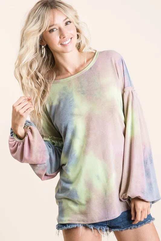 BiBi Tie Dye French Terry Sweatshirt With Bubble Sleeves - Trendsi - Flyclothing LLC