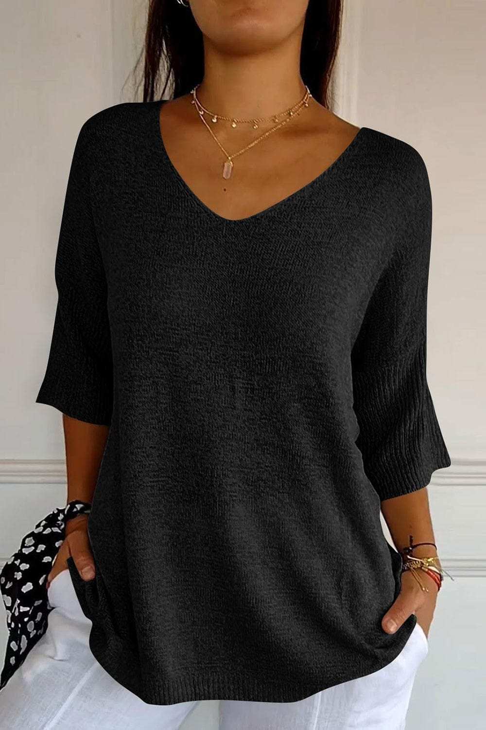 V-Neck Three-Quarter Sleeve Knit Top - Trendsi - Flyclothing LLC