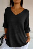 V-Neck Three-Quarter Sleeve Knit Top - Trendsi - Flyclothing LLC